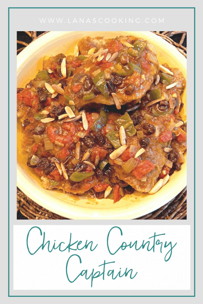 Chicken Country Captain is a true old South classic. Chicken, onions, garlic, peppers and curry powder with raisins and toasted almonds. https://www.lanascooking.com/chicken-country-captain/