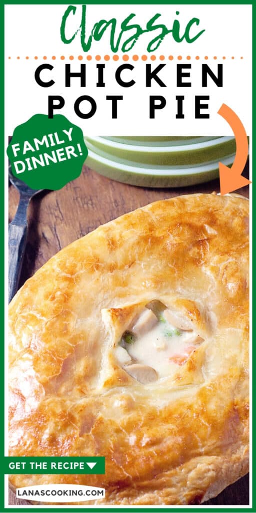 Classic chicken pot pie in a serving dish on a wooden board.