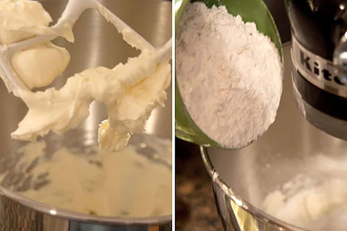 Mixer with creamed butter and sugar on left; flour being added to the mixer bowl on right.