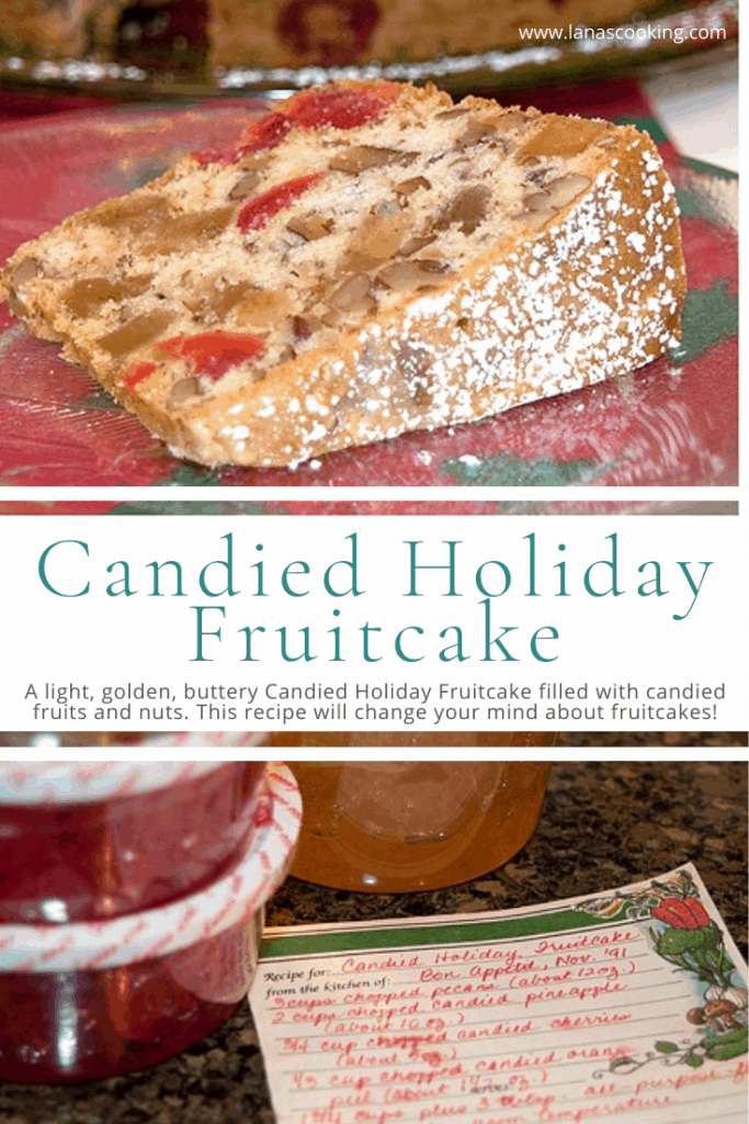 A light, golden, buttery Candied Holiday Fruitcake filled with candied fruits and nuts. https://www.lanascooking.com/candied-holiday-fruitcake/