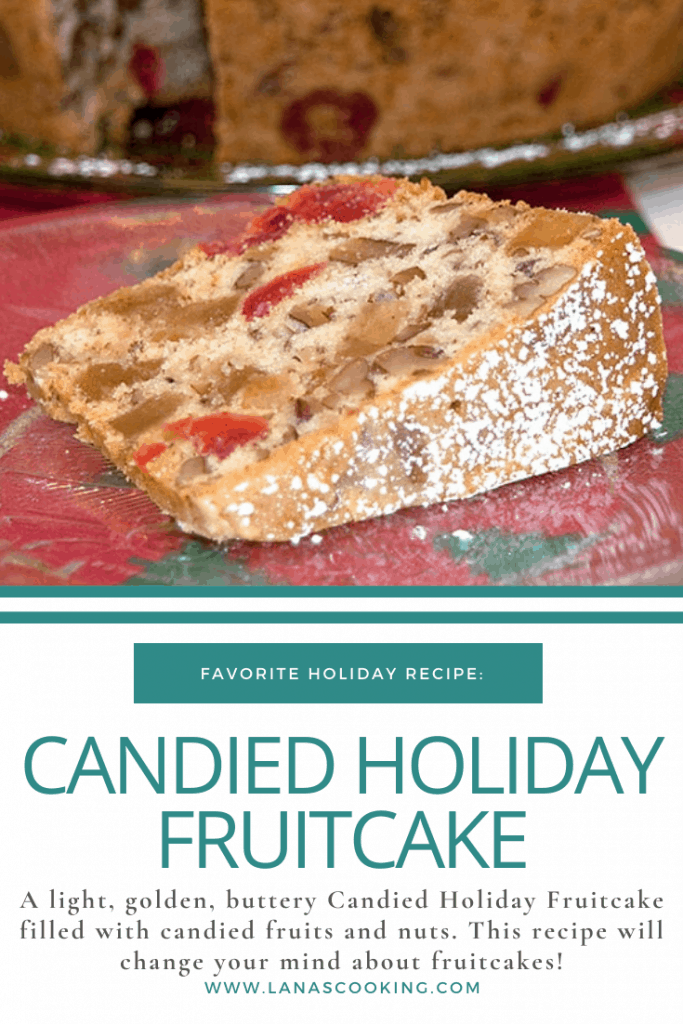 A light, golden, buttery Candied Holiday Fruitcake filled with candied fruits and nuts. https://www.lanascooking.com/candied-holiday-fruitcake/
