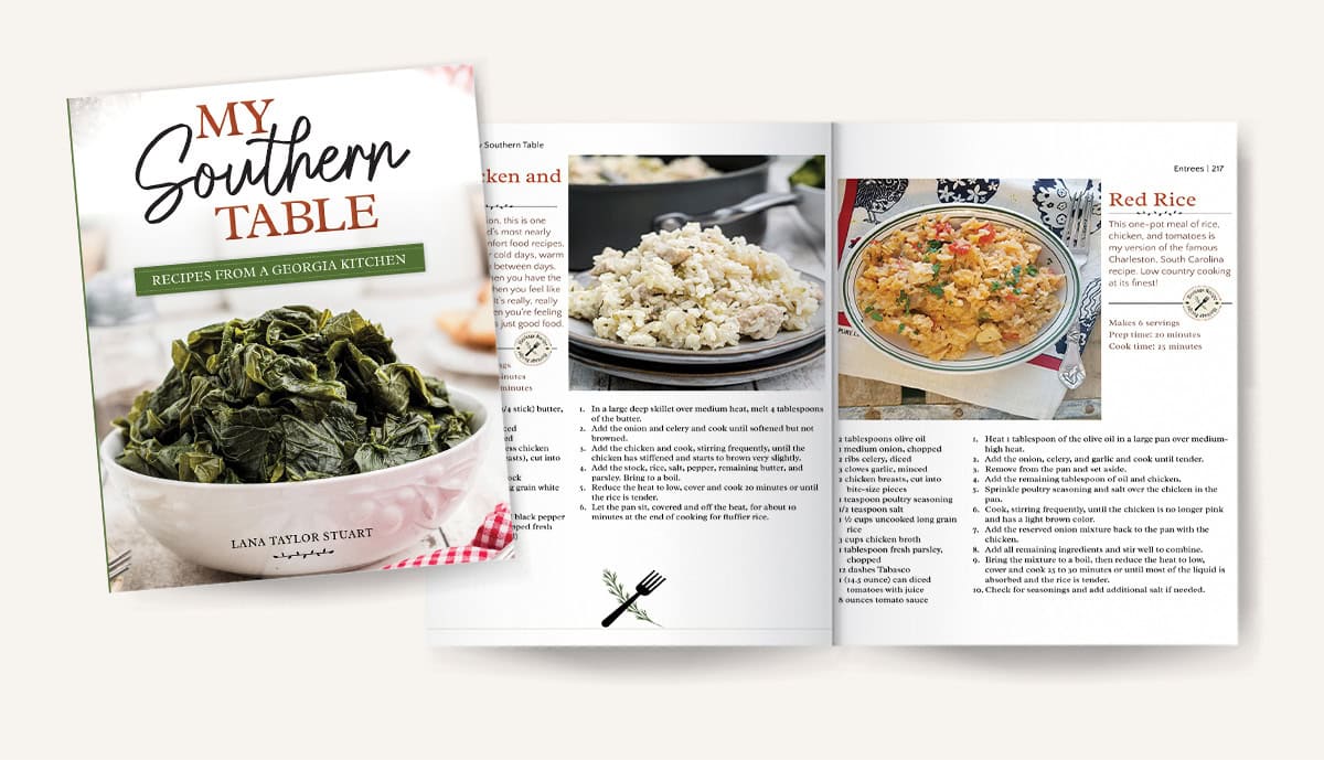 A southern cookbook cover and an open spread showing recipes with photos of rice dishes and cooked greens.