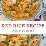 A plate of red rice garnished with chopped herbs, shown above a Red Rice Recipe label and website link.