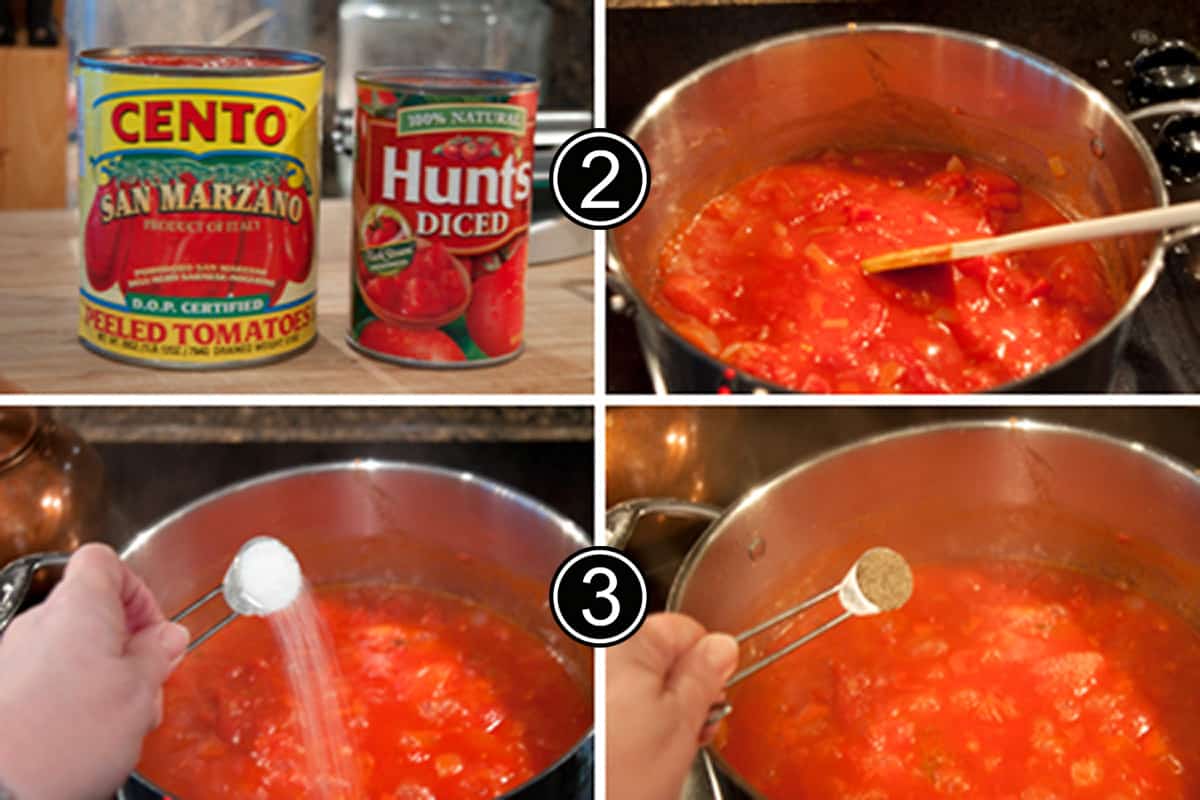 A photo collage showing tomatoes, salt, and pepper being added to a saute pan.