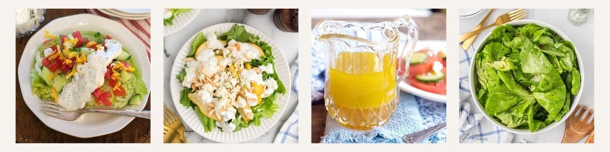 Four images side by side: a salad with diced tomatoes and creamy dressing, a salad with cashews and dressing, a glass pitcher with yellow dressing, and a simple green lettuce salad.