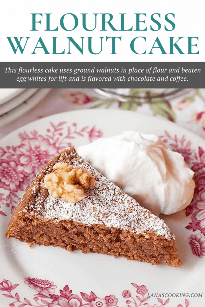 Flourless Walnut Cake - this flourless cake uses ground walnuts in place of flour and beaten egg whites for lift and is flavored with chocolate and coffee. https://www.lanascooking.com/flourless-walnut-cake/