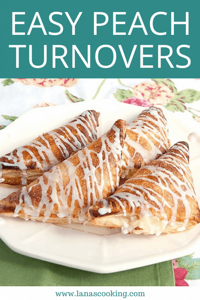 Easy Peach Turnovers - use frozen puff pastry and peach preserves to make these turnovers in no time. https://www.lanascooking.com/easy-peach-turnovers/