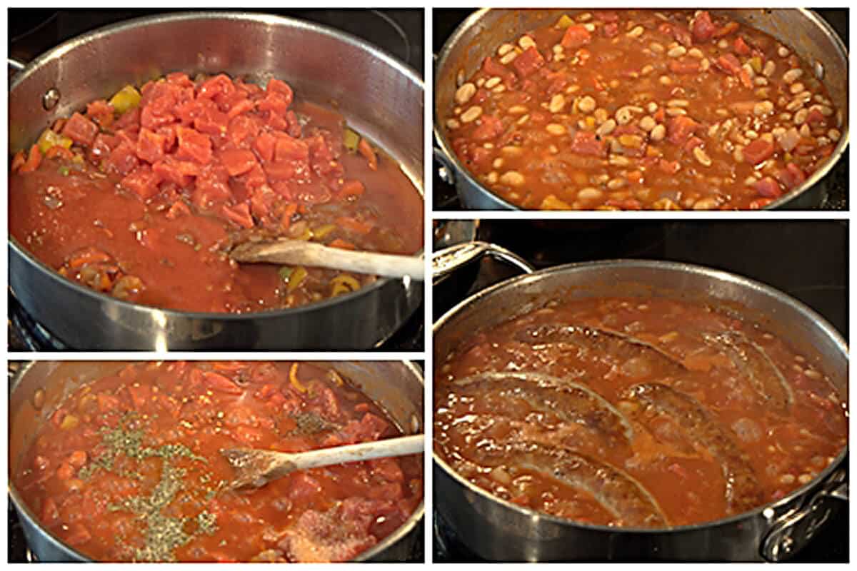 Tomatoes, tomato sauce, seasoning, wine, and beans added to the skillet.