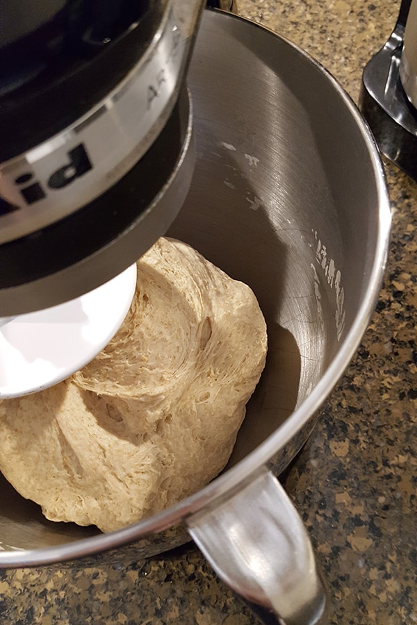 Dough in stand mixer after kneading for 3 minutes.
