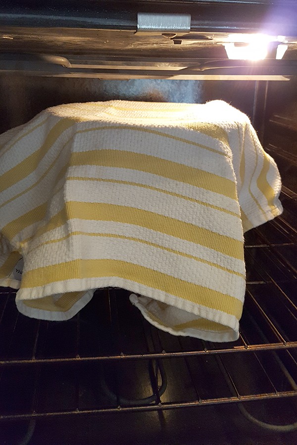 Dough in a bowl covered with a towel rising in a warm oven.