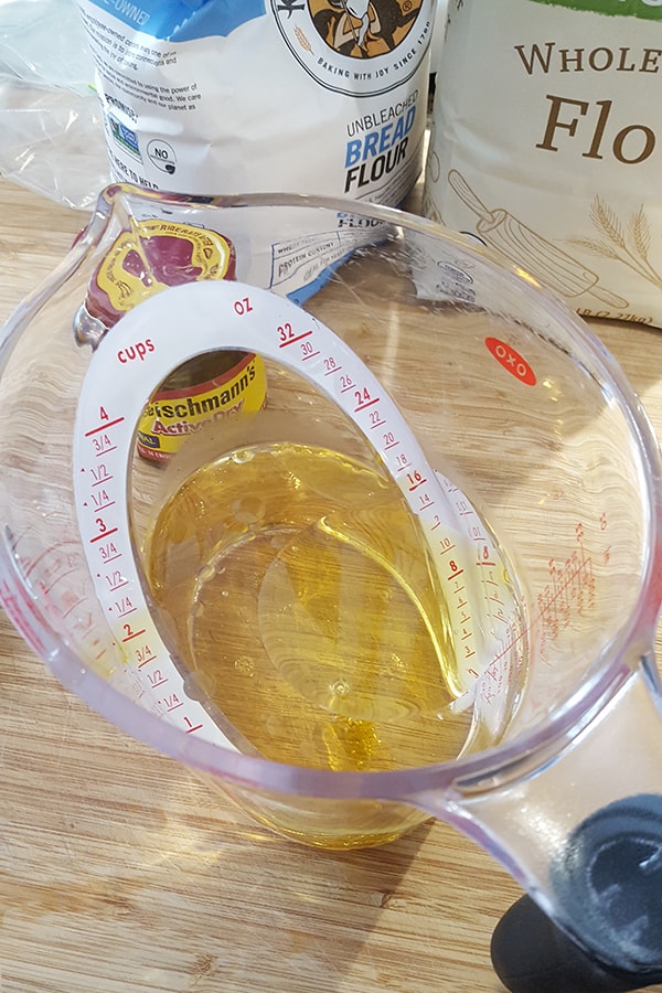 Wet ingredients in a measuring cup.