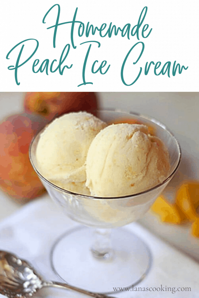 Creamy, cold and delicious homemade peach ice cream with sweet, fresh Georgia grown peaches and rich with eggs, heavy cream, and whole milk. https://www.lanascooking.com/homemade-peach-ice-cream/