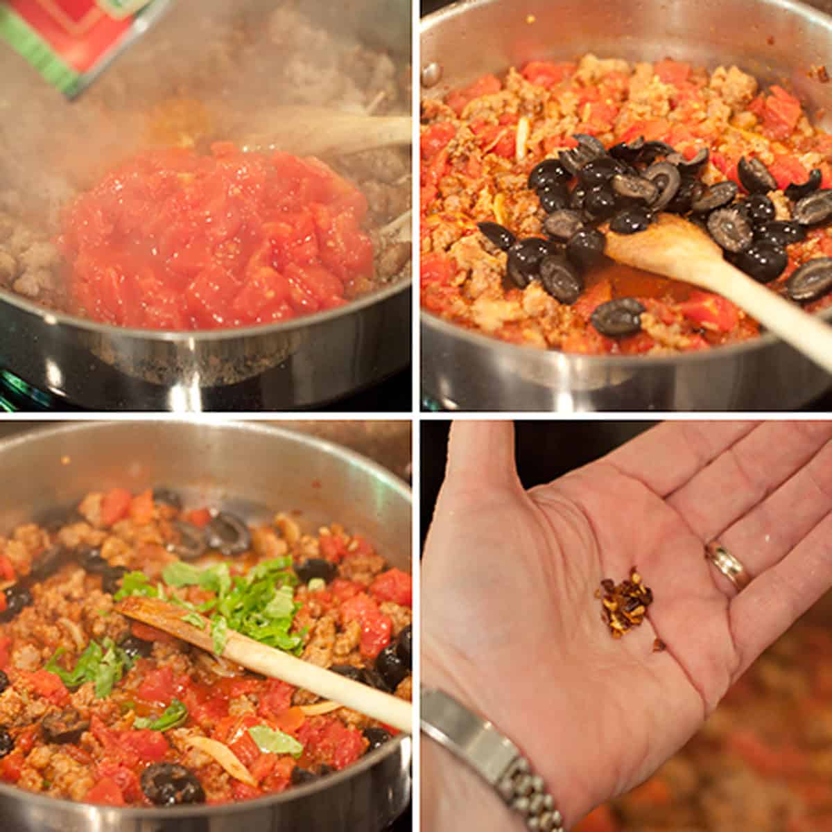 Four images show the process of cooking ground meat with tomatoes, olives, herbs, and chili flakes.