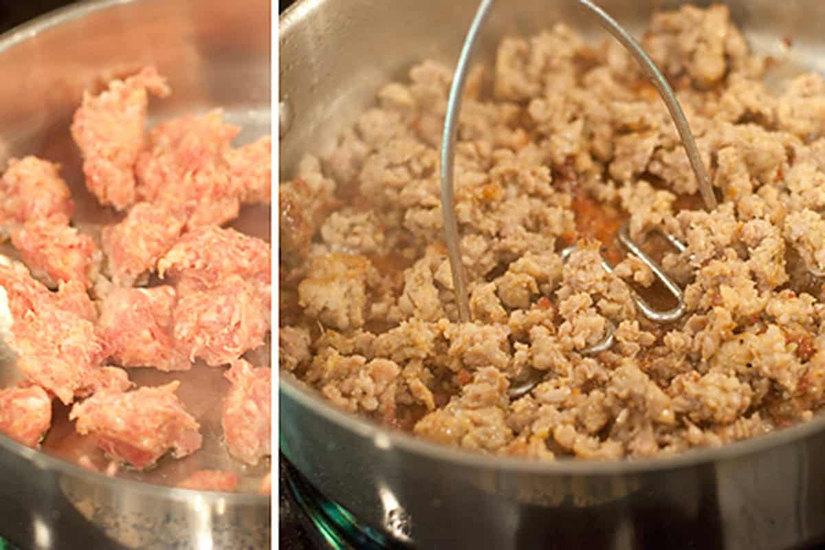 Side-by-side images of raw sausage in a pan and browned sausage being mashed while cooking.