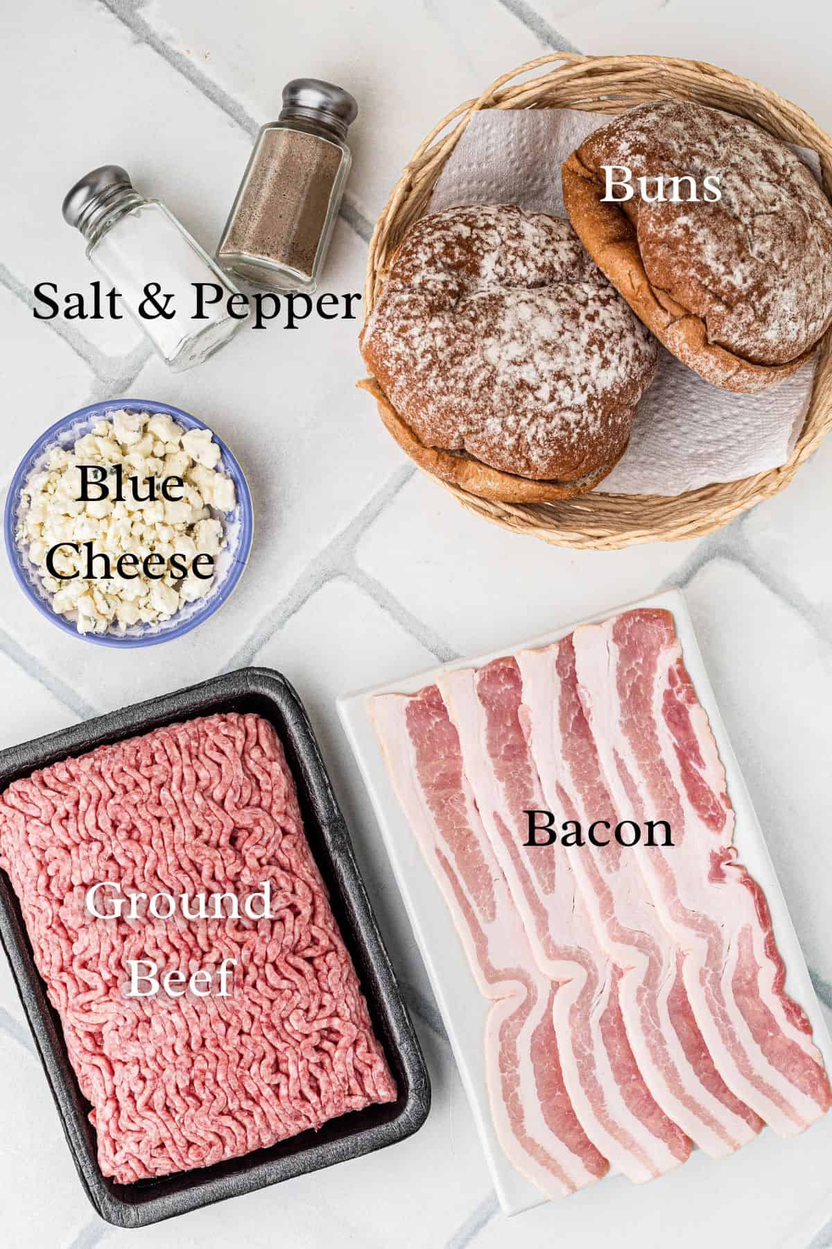 Ingredients needed to make this bacon cheeseburger.