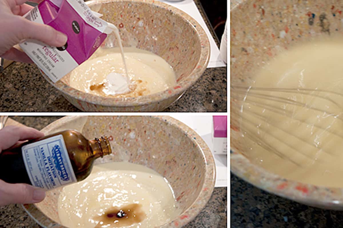 Adding cream and vanilla to the ice cream base.
