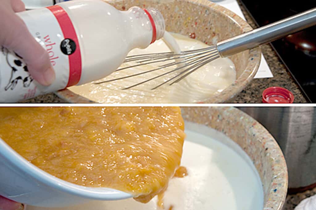 Adding whole milk and peaches to the ice cream base.