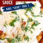 Dish of baked potato gnocchi in tomato sauce, topped with melted cheese, fresh basil, and grated parmesan, shown in a round baking dish. Text overlay describes the dish and promotes a website.