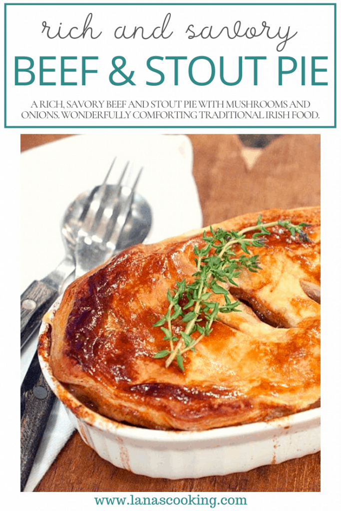 A rich, savory Beef and Stout pie with mushrooms and onions. Wonderfully comforting traditional Irish food. https://www.lanascooking.com/beef-and-stout-pie/