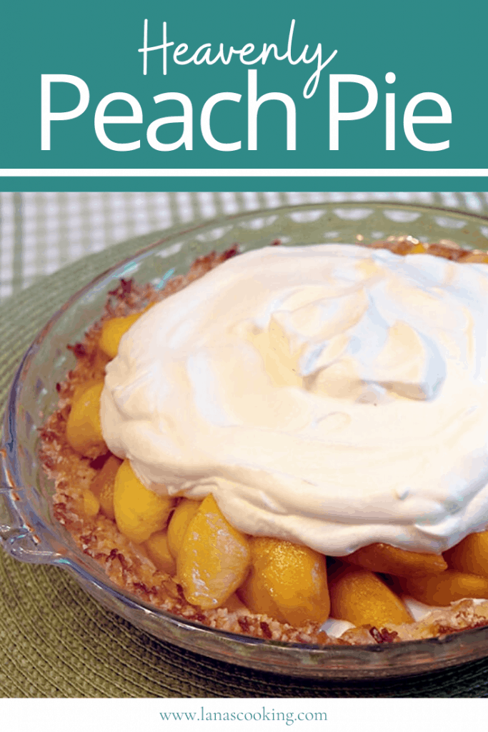 Heavenly Peach Pie with a sour cream filling in an almond and coconut pie shell. The perfect way to highlight delicious fresh peaches in season. https://www.lanascooking.com/heavenly-peach-pie/