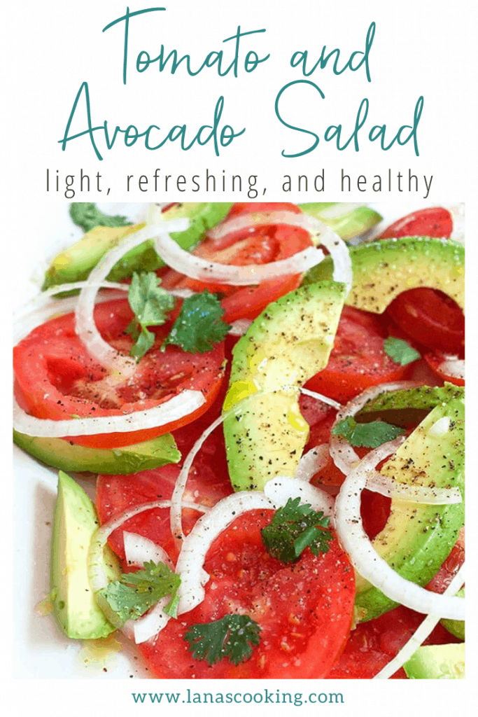 The very essence of summer! Light, refreshing, and healthy Tomato and Avocado Salad. 10 minute prep time. https://www.lanascooking.com/tomato-and-avocado-salad