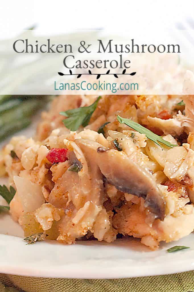 Chicken and Mushroom Casserole - A lighter chicken casserole with mushrooms, brown rice, celery, and almonds. https://www.lanascooking.com/chicken-and-mushroom-casserole/