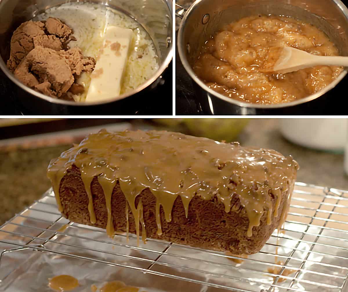 Collage showing the praline topping being cooked and poured over the finished apple bread.