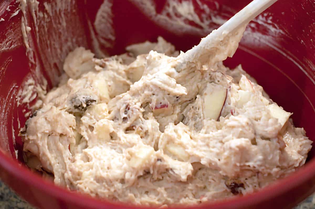 Wet and dry ingredients stirred together in mixing bowl to complete the batter.