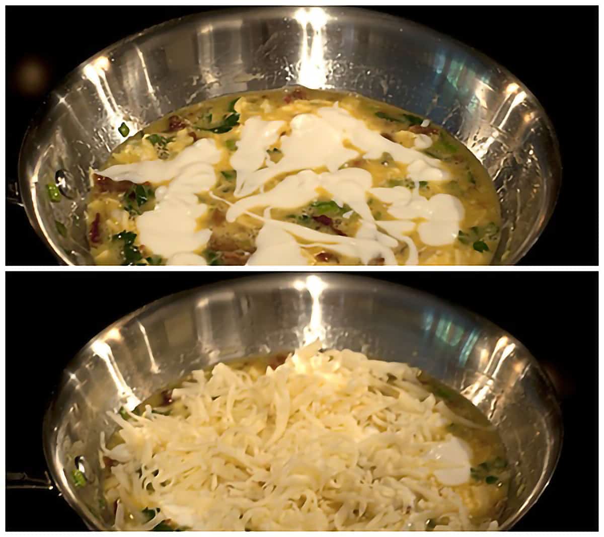 Collage showing the addition of sour cream and then cheese on top of partially cooked eggs in skillet.