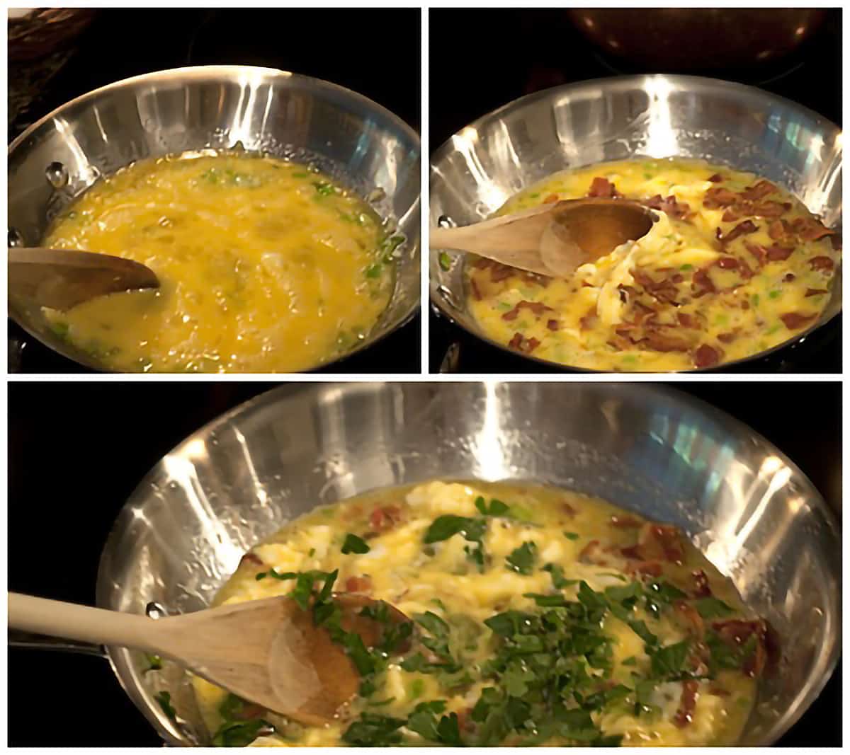 Collage showing how to add eggs, bacon, and parsley to skillet with cooked onions.