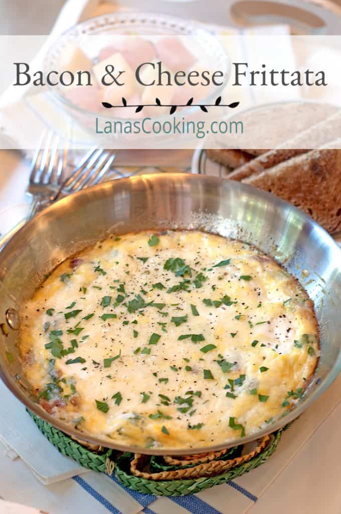 Bacon Cheese Frittata in a skillet. Text Overlay: Bacon & Cheese Frittata
