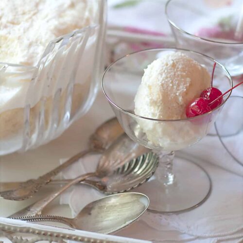 A serving of Charlotte Russe in a crystal dessert dish.