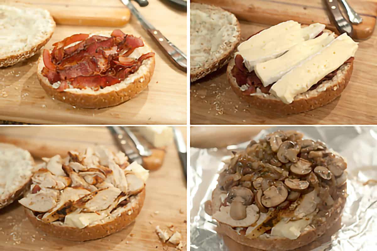 Photo collage showing assembly of the sandwich; top to bottom, left to right: Add the bacon, add slices of brie, add the sliced chicken, top with the caramelized onions and mushroom