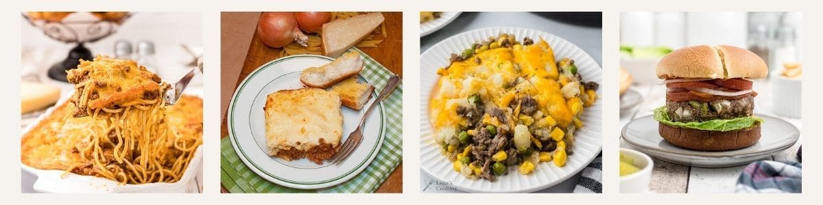 Four dishes are shown: baked spaghetti, lasagna with bread, a cheesy casserole with corn and ground beef, and a hamburger with lettuce, tomato, and onion on a bun.