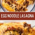 A serving of egg noodle lasagna on a plate.