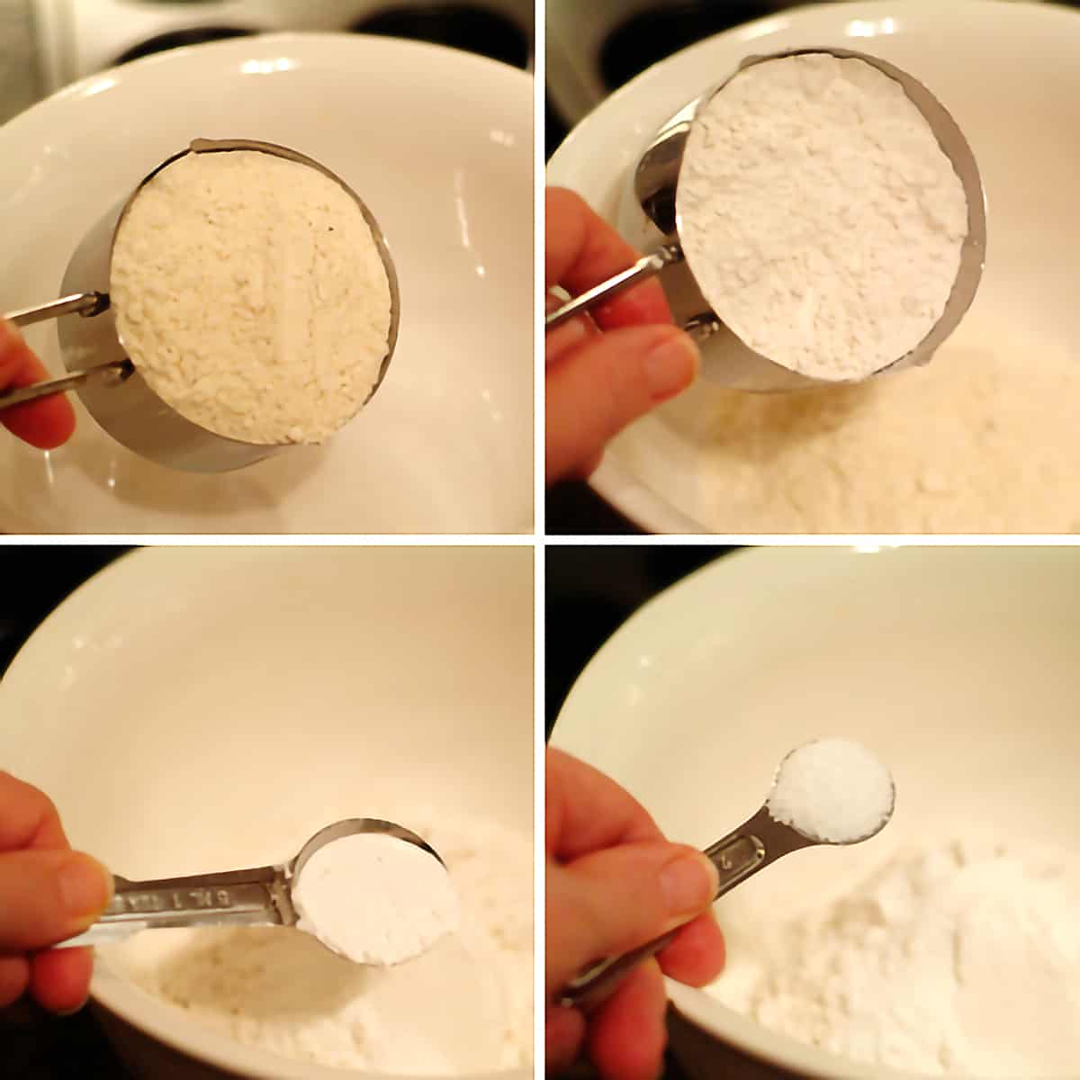 Collage showing individual dry ingredients being measured into a mixing bowl.
