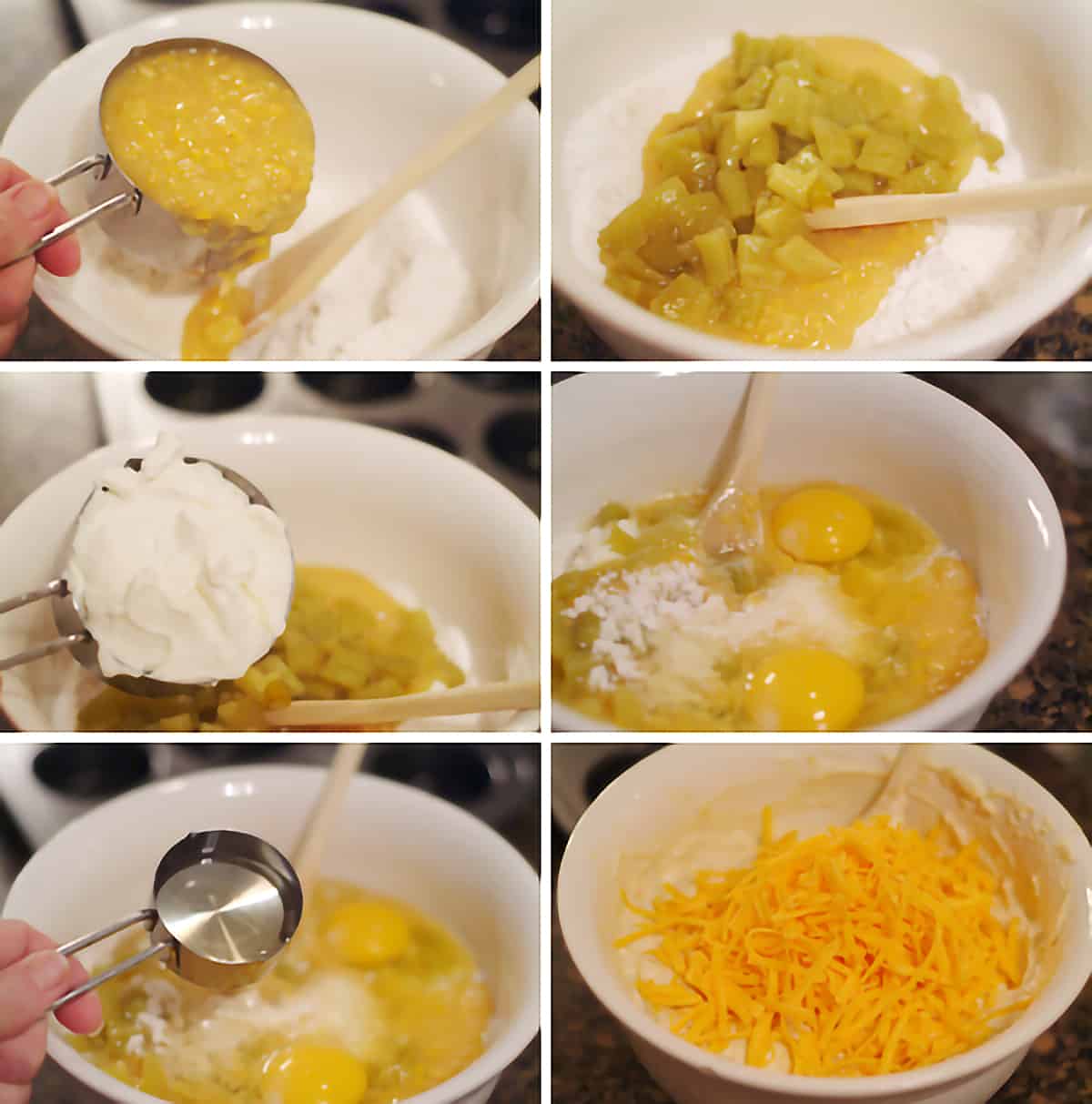 Collage showing individual wet ingredients being measured into a mixing bowl.