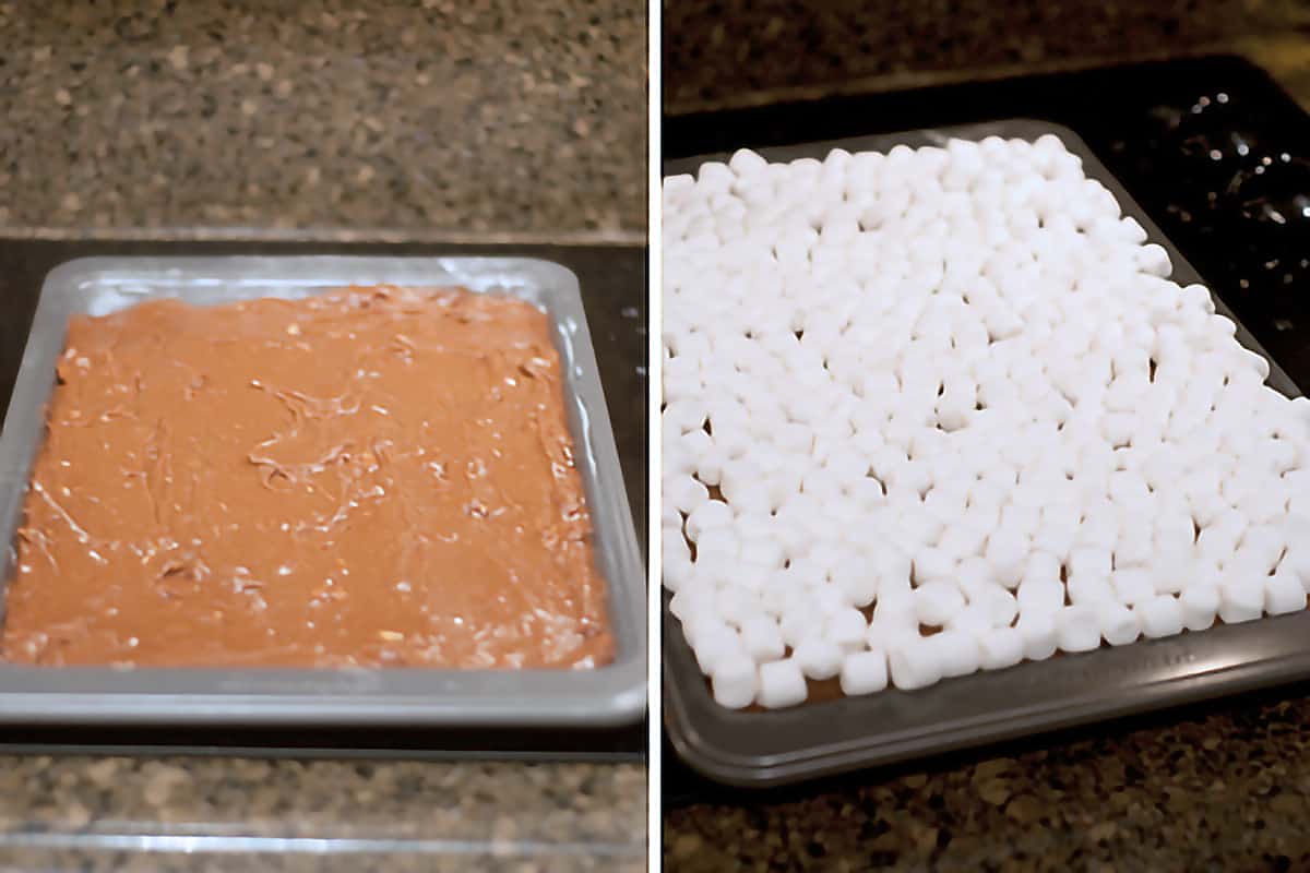 Left: Batter spread in baking sheet; Right: Batter topped with marshmallows.