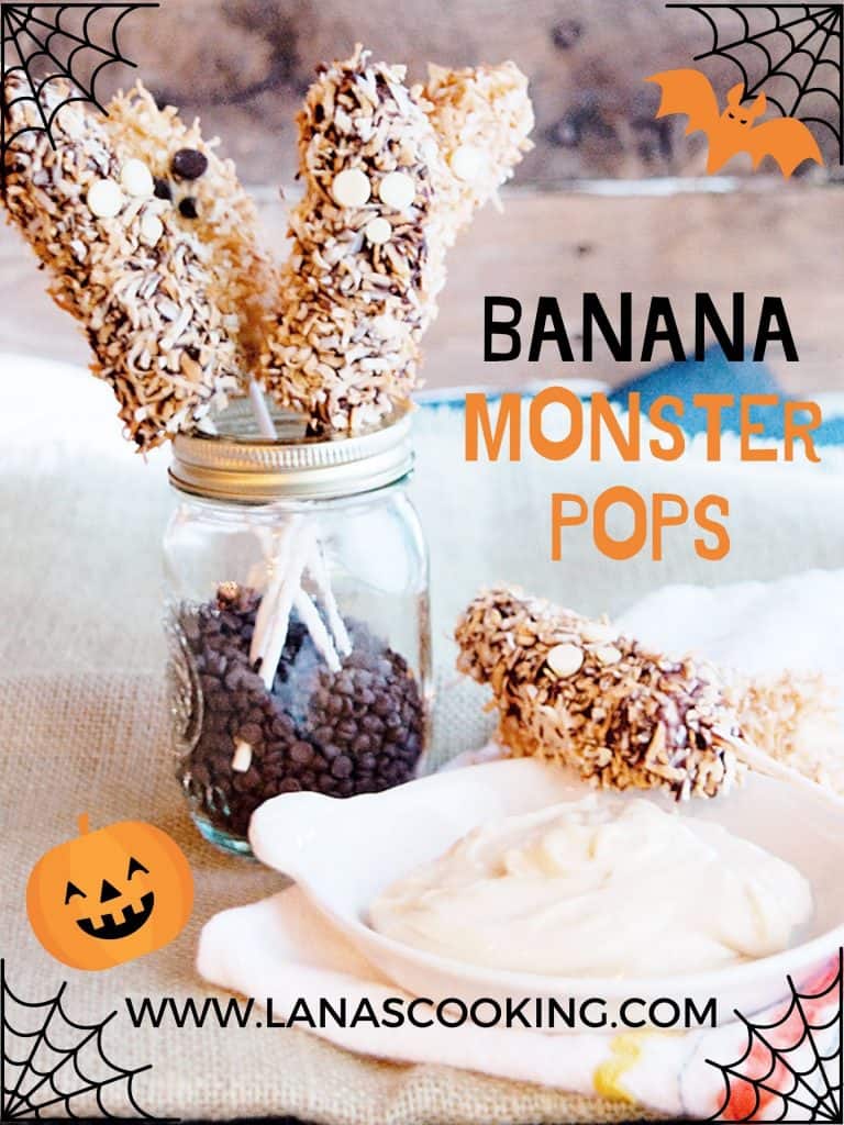 Banana Pops in a jar with a dish of cream cheese dip. Text overlay for pinning.