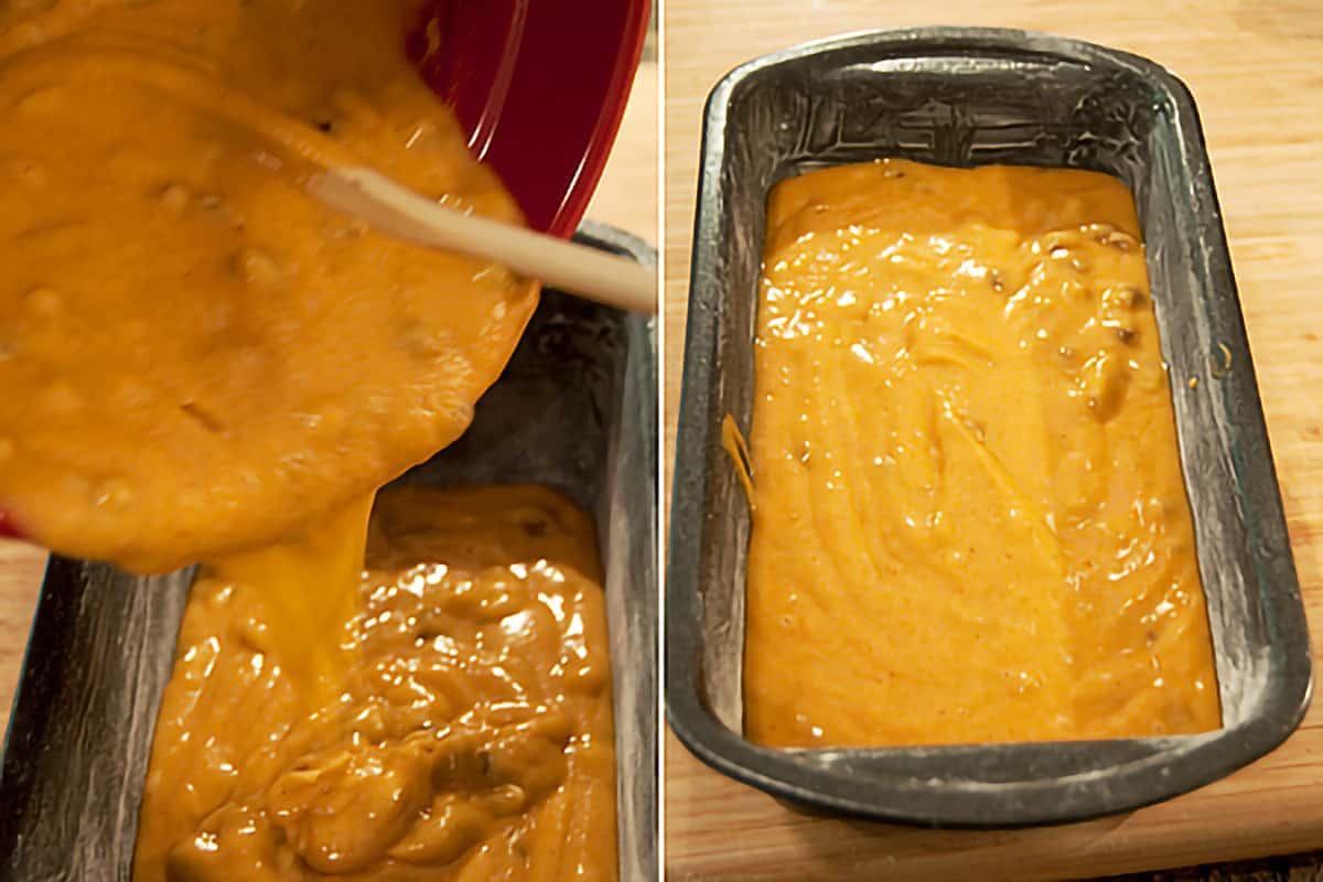 Batter poured into a prepared baking pan.