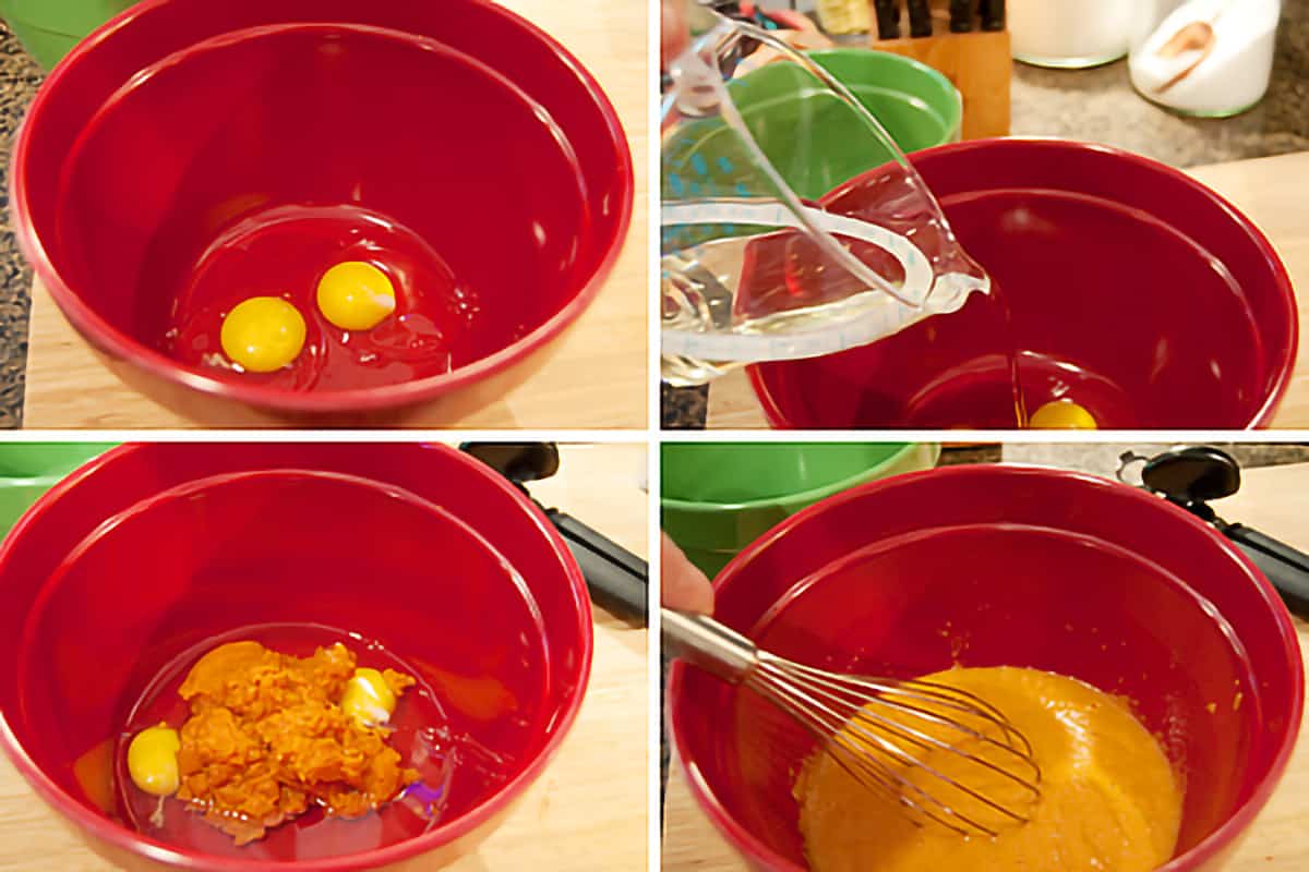 Photo collage of wet ingredients being added to a mixing bowl.