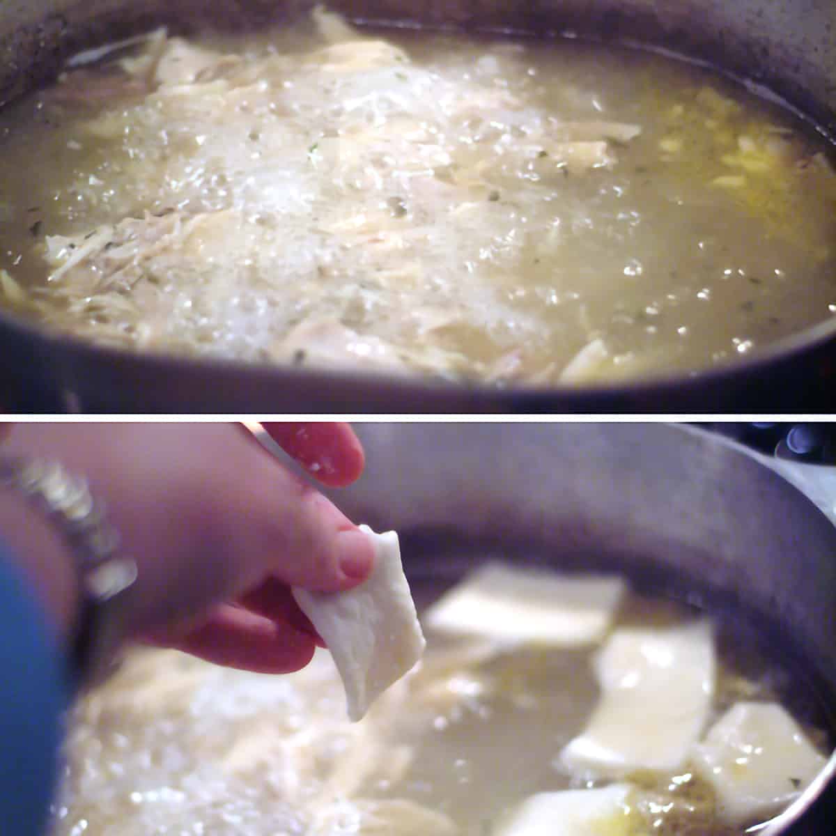 Adding dumplings into hot chicken broth.