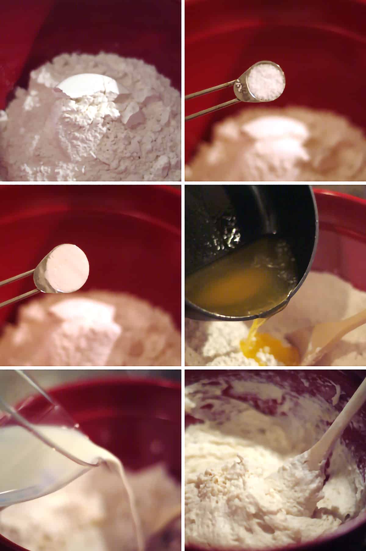 Photo collage showing all the ingredients for the dumplings being added to a mixing bowl.