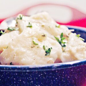 Chicken and Dumplings in a blue bowl.