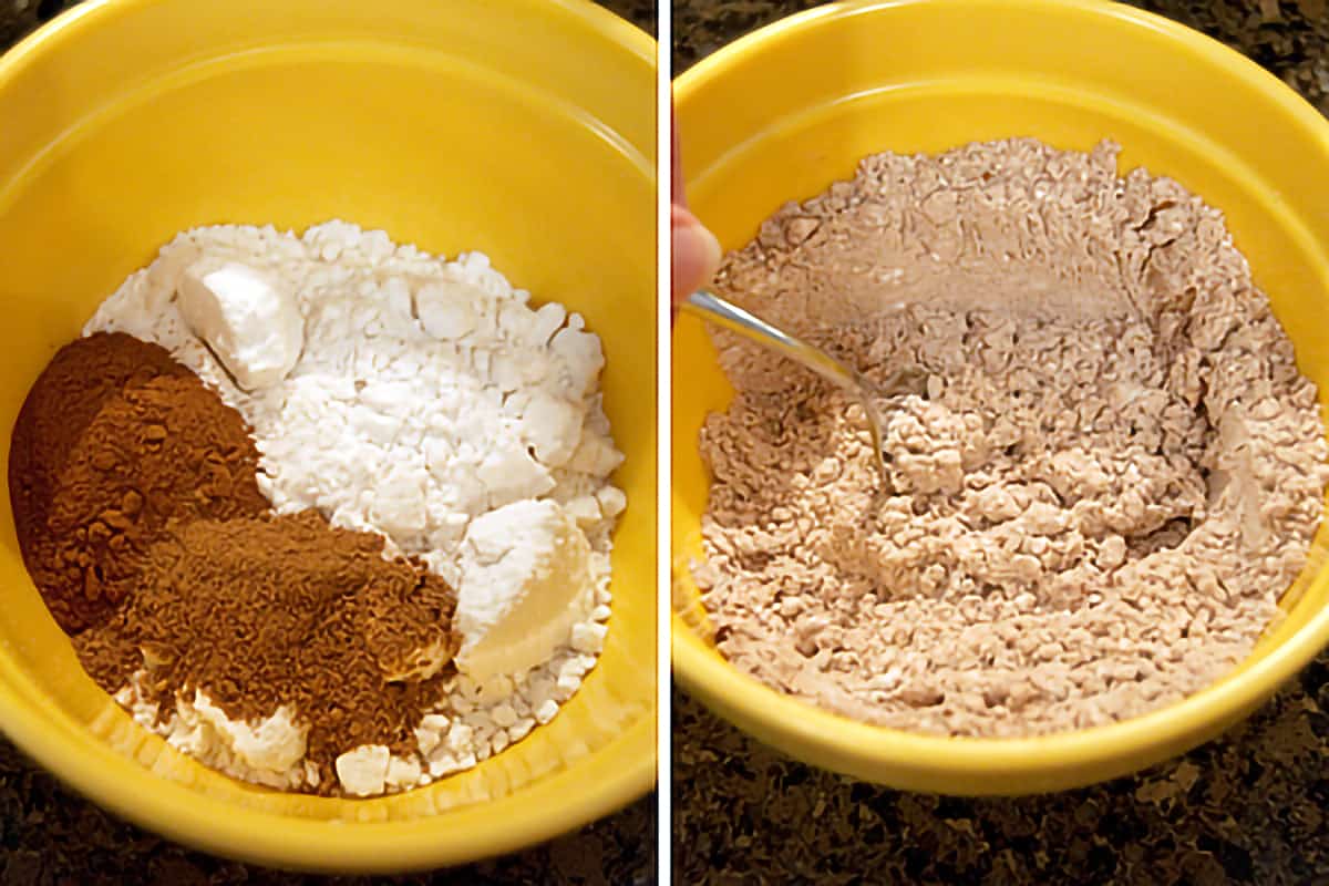 Mixing bowl holding dry ingredients for cake batter.