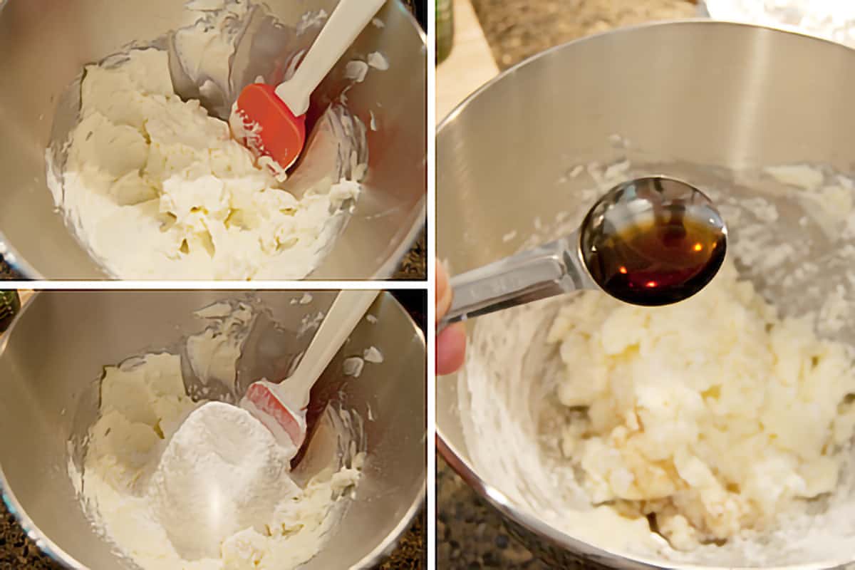Photo collage showing ingredients for the cream cheese filling being mixed in a bowl.
