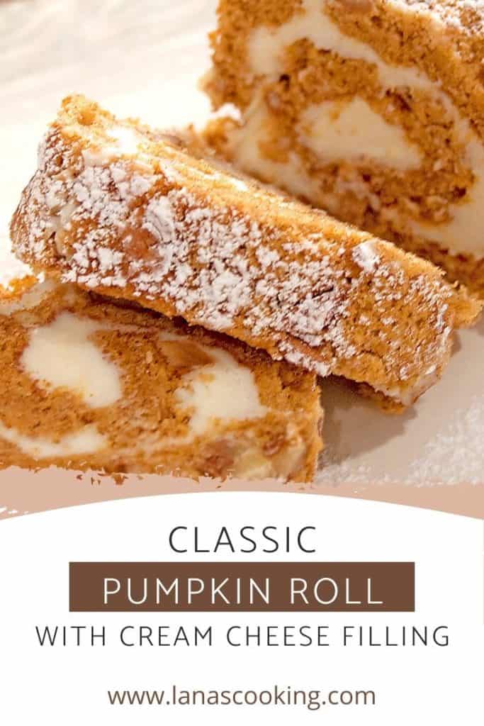 Slices of pumpkin roll on a serving tray with text overlay for pinning.