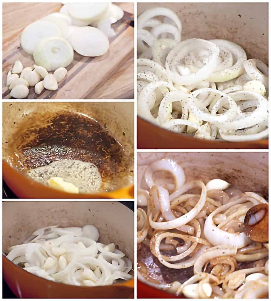 Photo collage showing the onions and garlic being cut, added to the pan, and cooked.