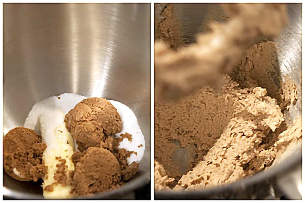 Left: Butter and sugars in a mixing bowl; Right: Butter and sugars creamed together.