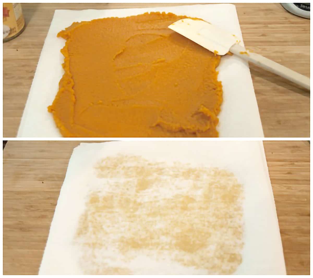 Canned pumpkin draining on paper towels.